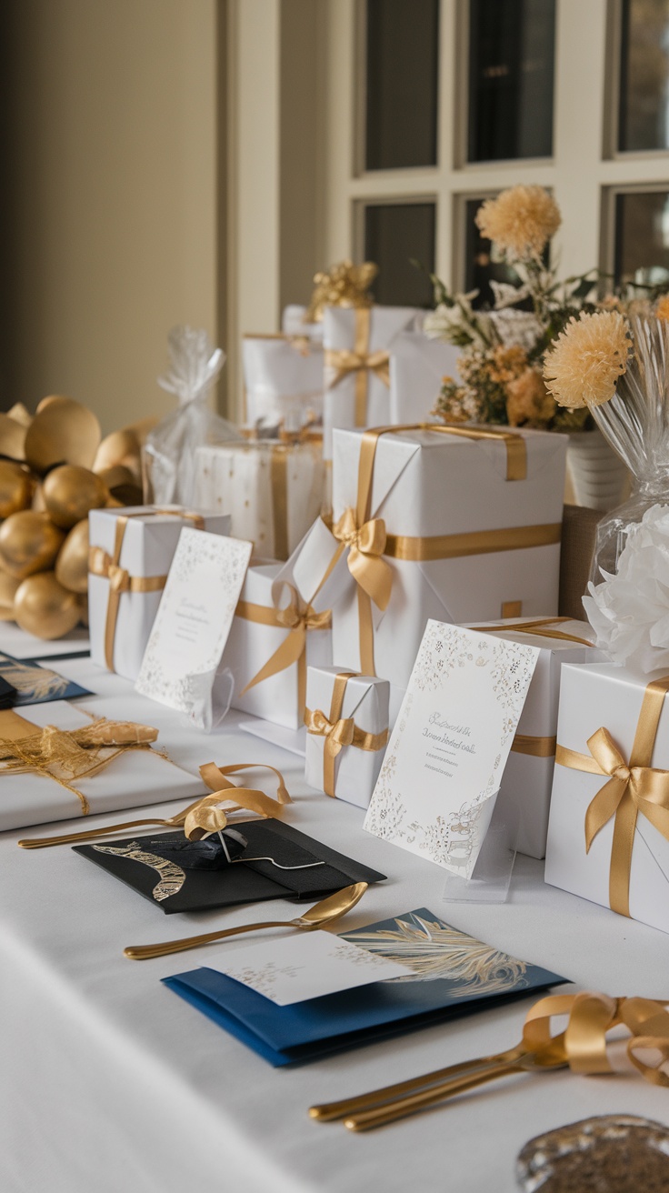 A beautifully arranged graduation gift table with neatly wrapped presents and decorative elements.