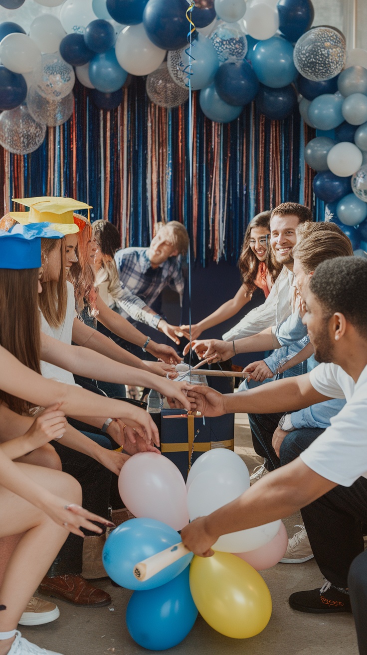 Graduates participating in a fun game at a graduation party, showcasing teamwork and celebration.