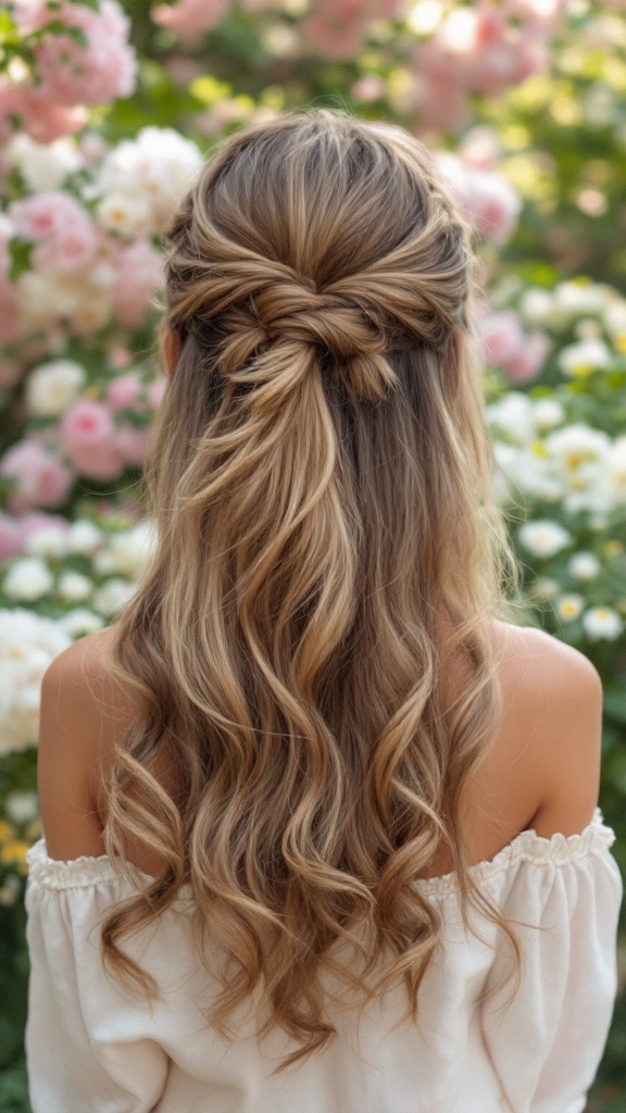 A woman with half-up half-down hairstyle showcasing loose waves, with a garden of flowers in the background.