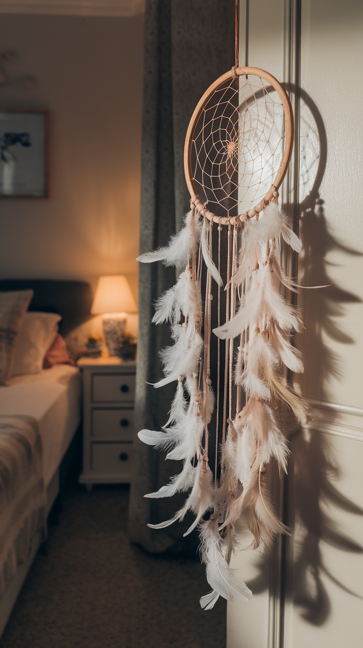 A beautiful dreamcatcher hanging on a bedroom door with soft feathers.