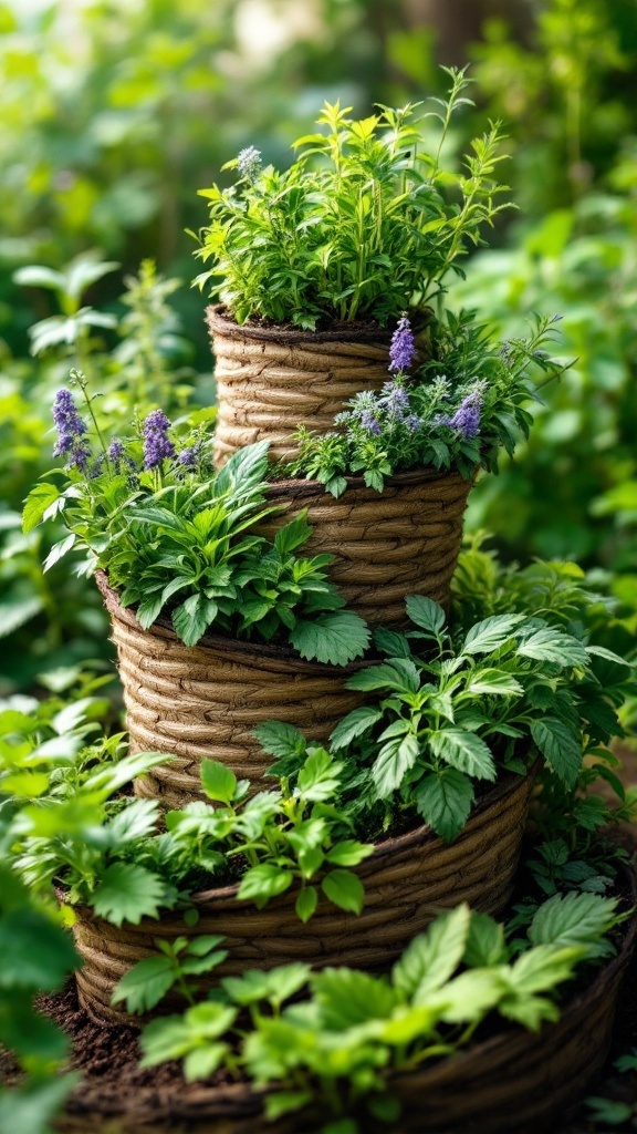 A spiral herb garden made of stacked natural materials, filled with lush green herbs.