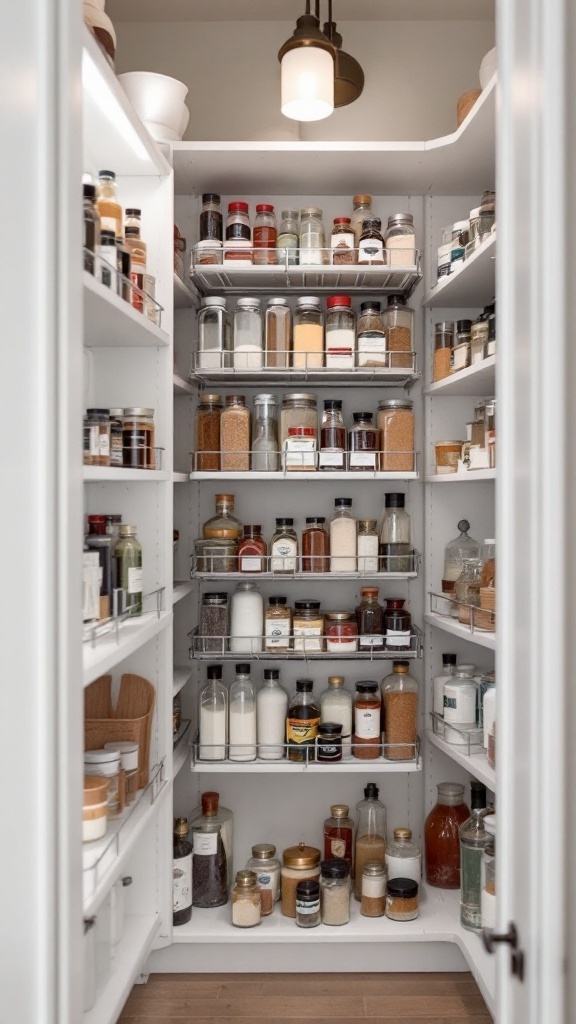 An organized pantry with a rotating spice rack displaying various jars and spices.