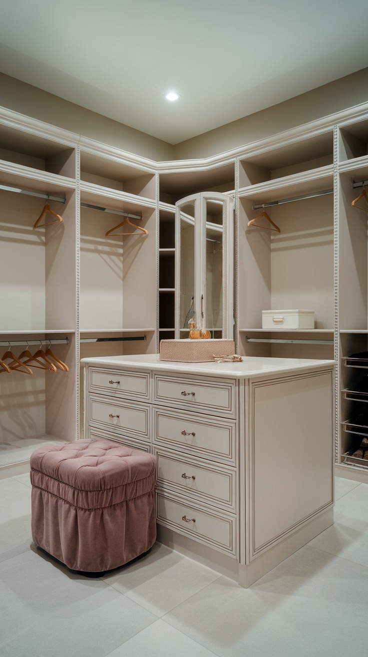 A stylish walk-in closet featuring a dressing island with drawers and a plush ottoman.