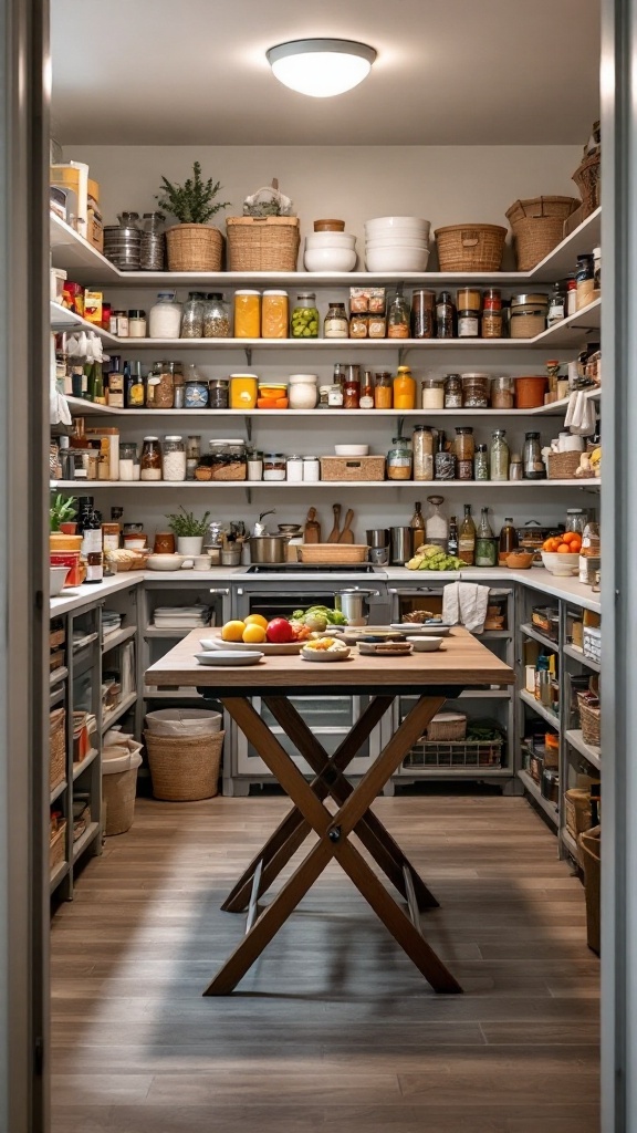 A walk-in pantry featuring a wooden folding table surrounded by organized shelves filled with jars and baskets, showcasing a variety of food items.