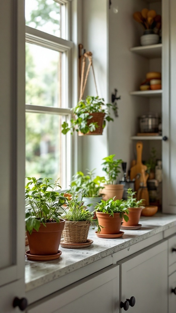 A kitchen countertop with pots of herbs basking in sunlight.