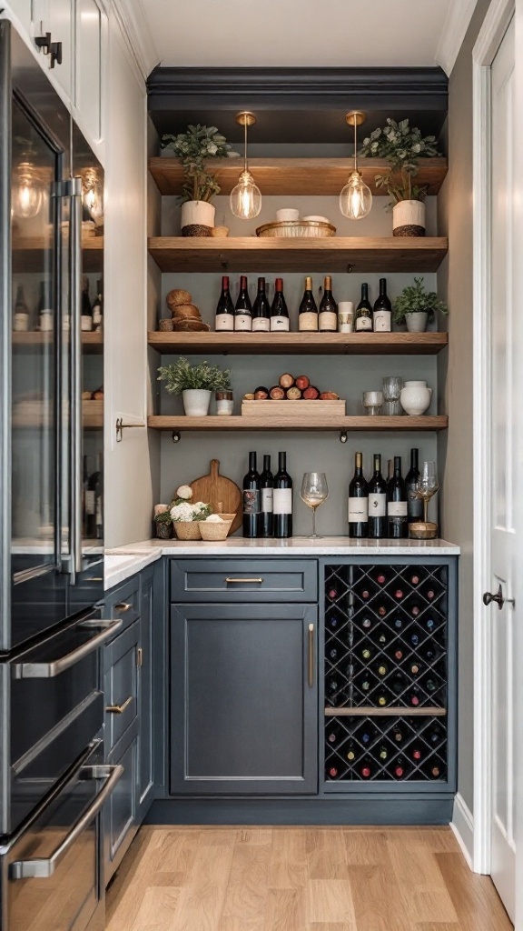 A stylish walk-in pantry with a wine rack, wooden shelves, and modern cabinetry.