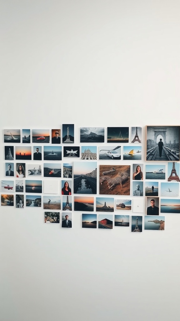 A creative photo wall featuring a variety of photographs including landscapes, portraits, and iconic landmarks.