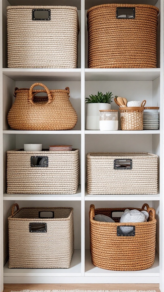 Organized IKEA closet with baskets of different sizes and styles on white shelves.