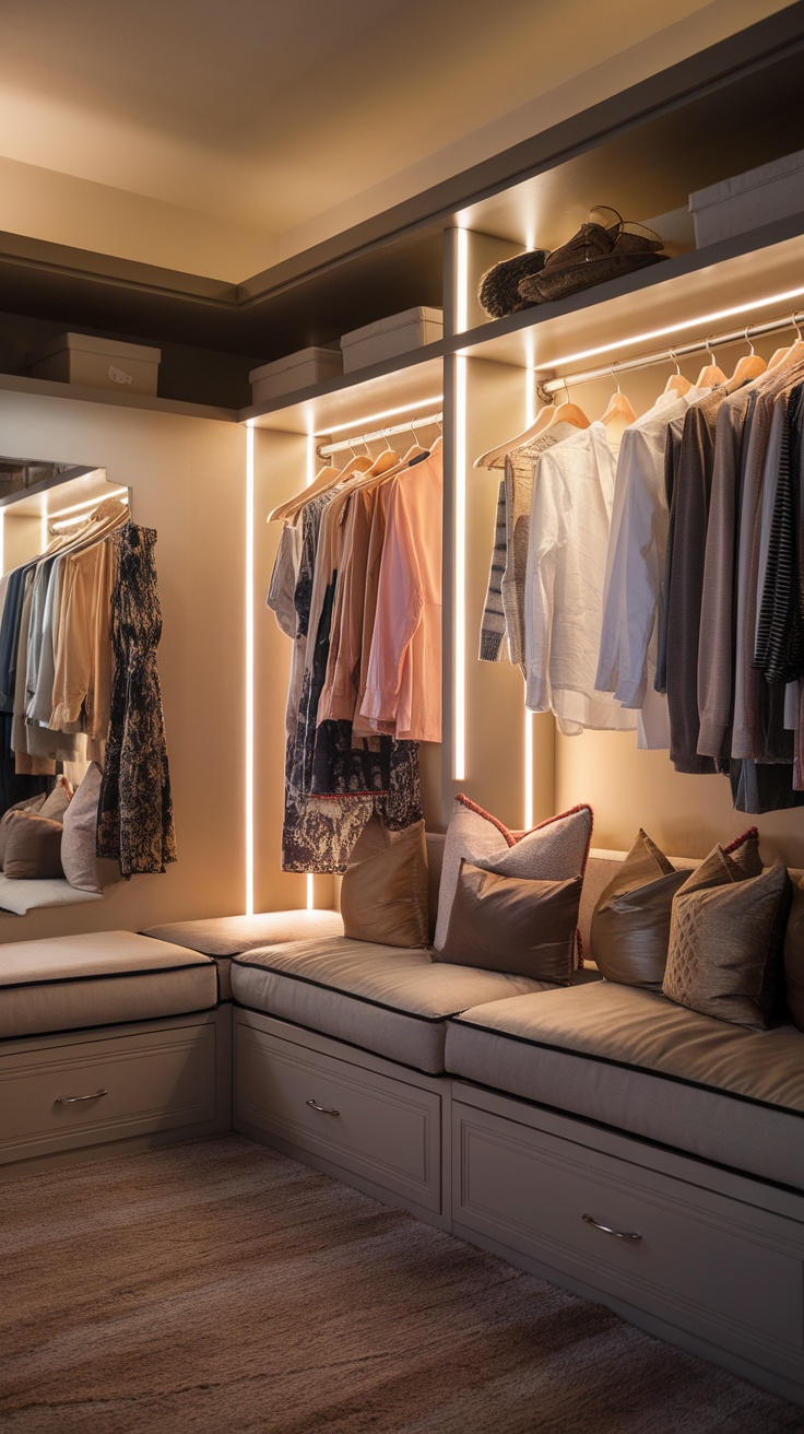 A stylish walk-in closet featuring built-in seating with cushions and pillows, illuminated by warm lighting.