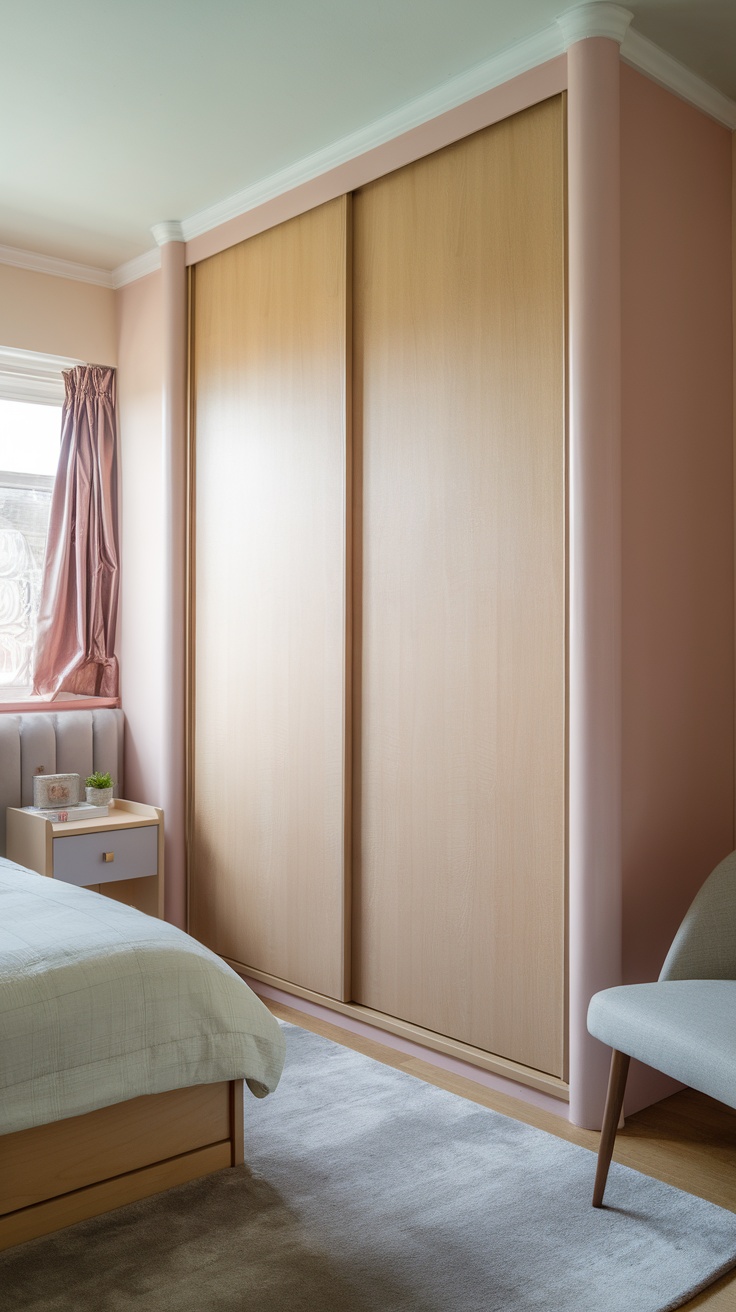 A small bedroom featuring a built-in wardrobe with wooden sliding doors, light-colored walls, and modern decor.