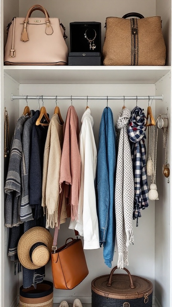 An organized IKEA closet with accessories hung on hooks, showcasing a variety of bags, scarves, and hats.