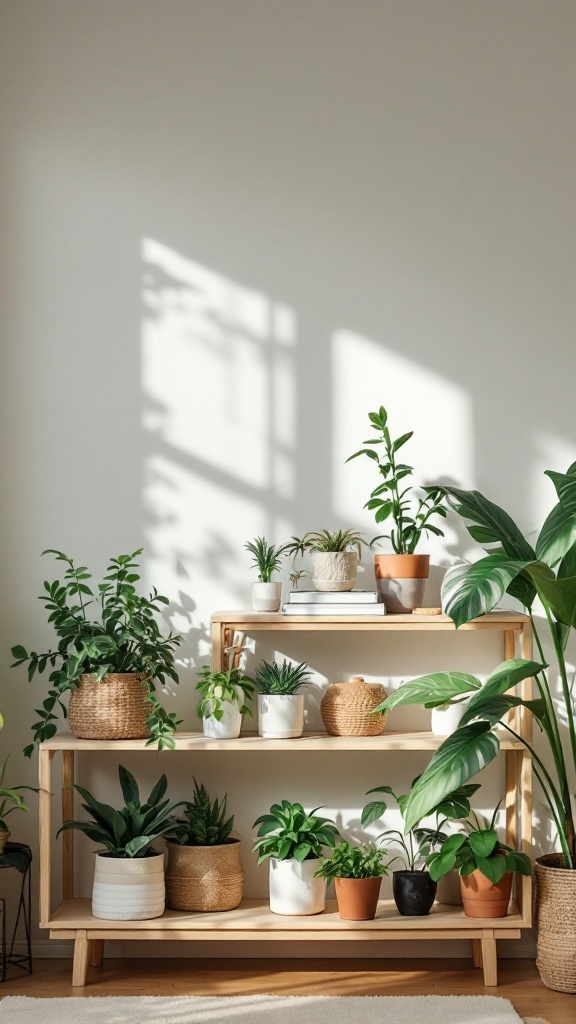 A wooden shelf displaying various indoor plants in stylish pots, showcasing a Japandi decor style.