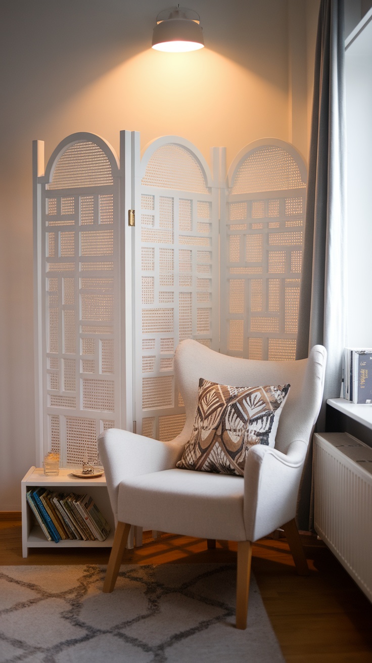 Cozy reading nook with an IKEA IVAR room divider, featuring a soft armchair, decorative pillow, and a small side table with books.
