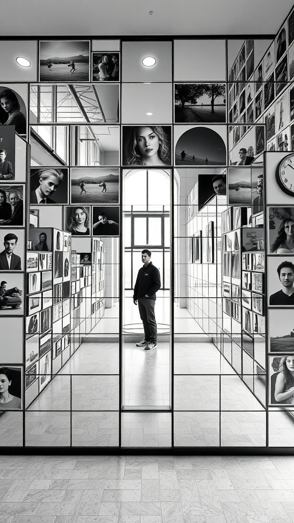 A modern photo wall featuring mirrors reflecting various photographs, creating depth and visual interest.