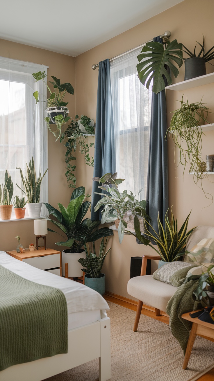 Cozy bedroom with various indoor plants enhancing the space