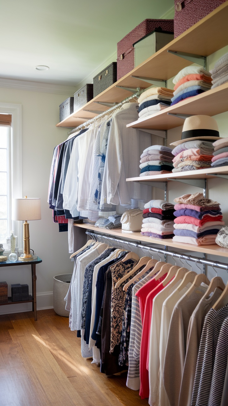 A walk-in closet featuring open shelving with neatly arranged clothes and decorative storage boxes.