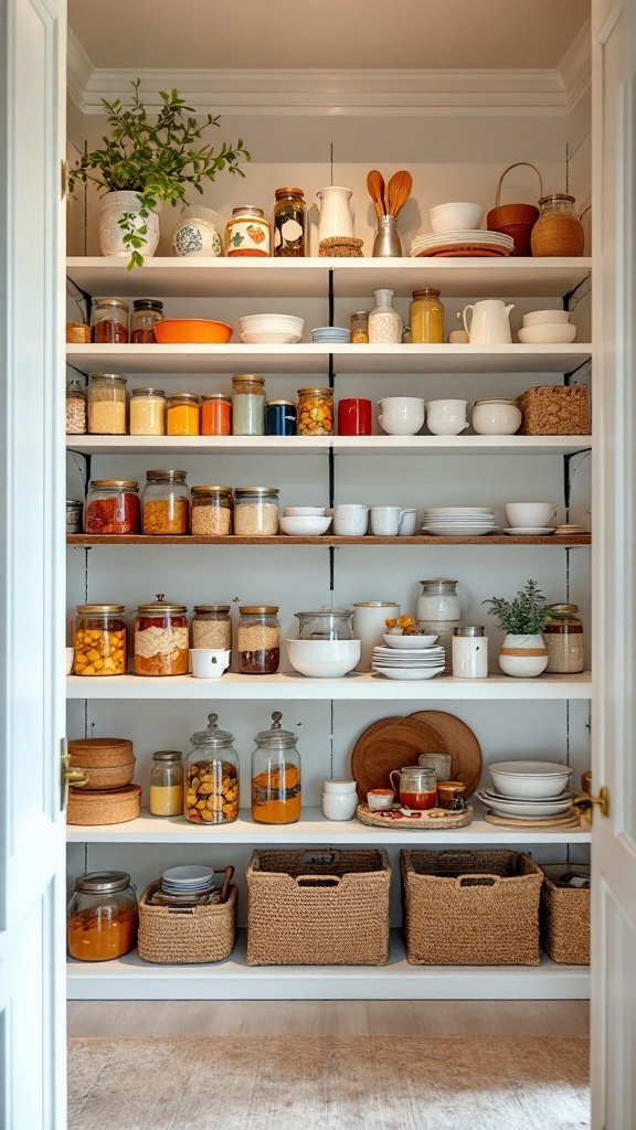 Open shelving in a well-organized walk-in pantry displaying jars, dishes, and decorative plants.