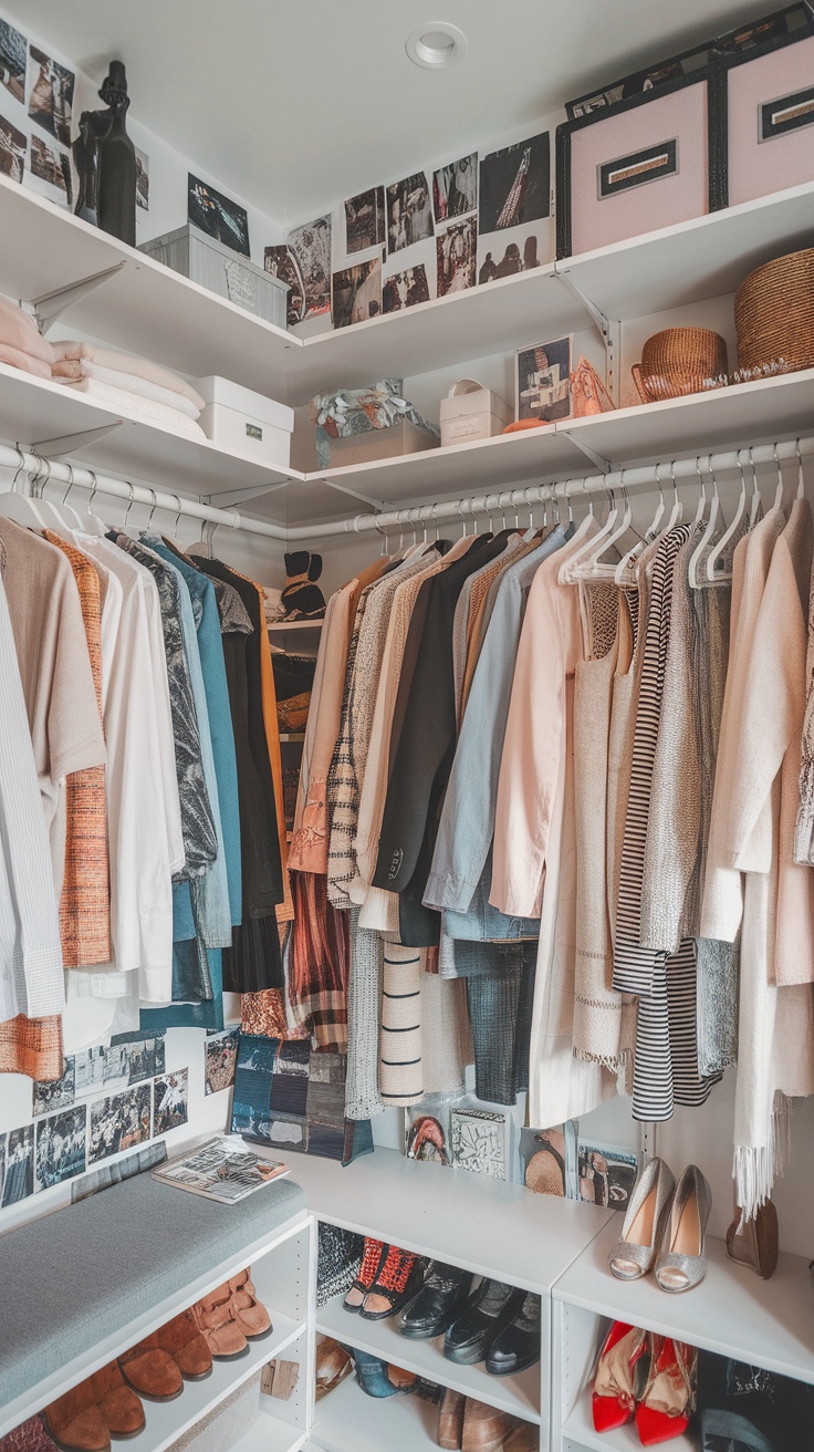 A stylish walk-in closet featuring neatly hung clothes, organized shoes, decorative elements, and personal touches like photos.