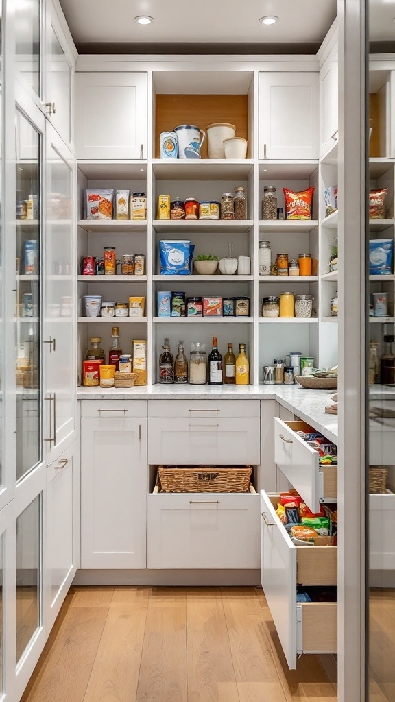 A modern walk-in pantry featuring pull-out drawers and organized shelving.