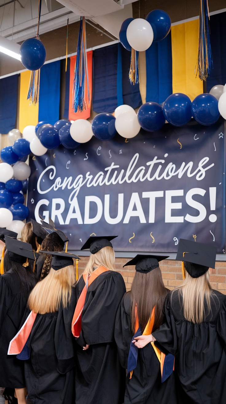 Graduation party with decorations in school colors, featuring a banner and balloons.
