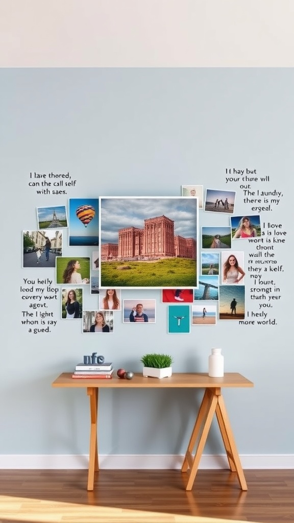 A stylish photo wall featuring a central large photo, smaller images around it, and inspirational quotes on a light blue wall.