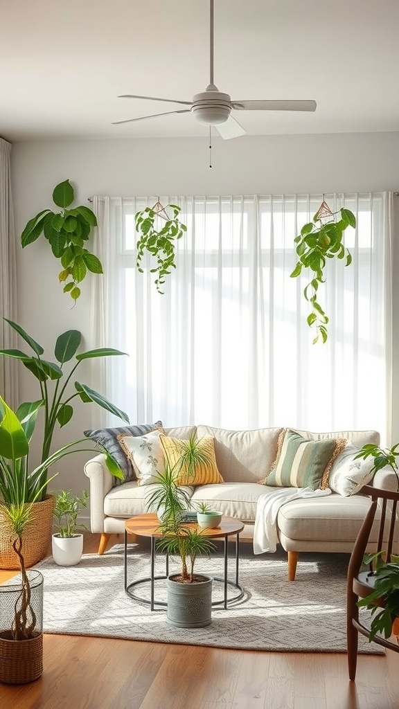 A cozy living room featuring a soft sofa, a coffee table with plants, and various indoor plants around the space.