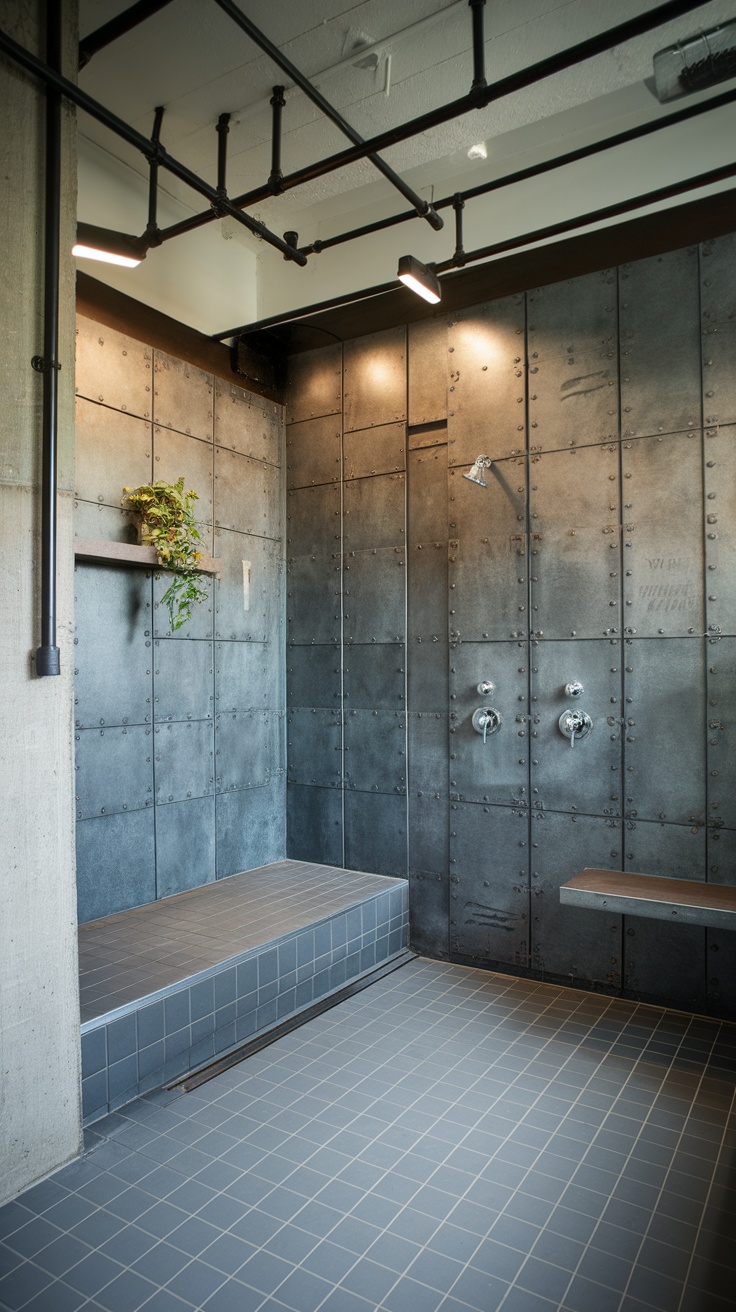 Bathroom featuring industrial-style metal wall panels, gray tones, and a small plant on a shelf.