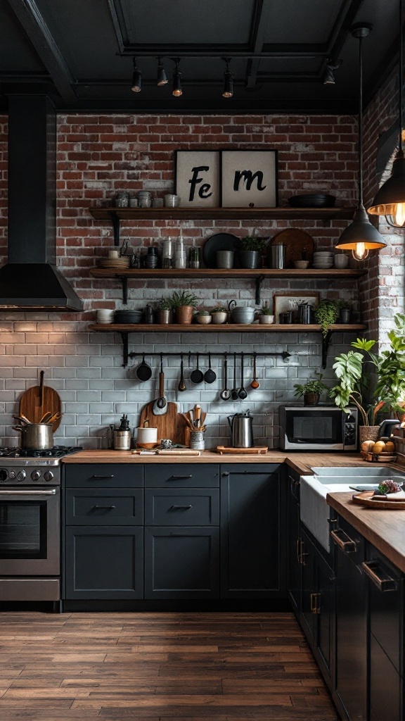 A stylish kitchen with industrial black elements, featuring dark cabinets, exposed brick walls, and wooden countertops.