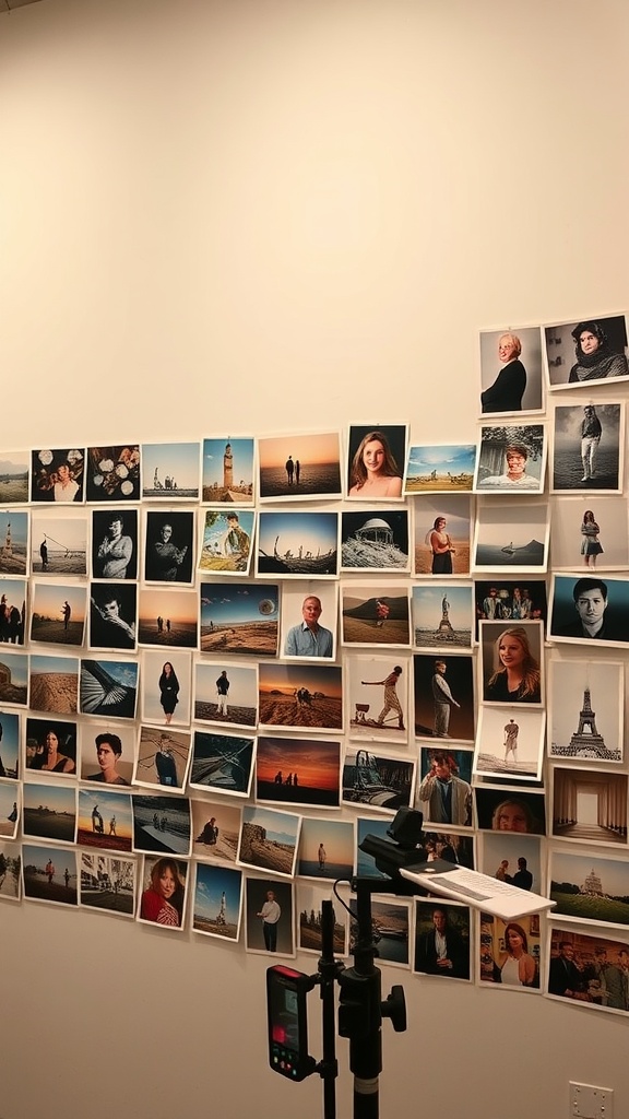 A wall filled with various photos arranged in a collage, showcasing faces and landscapes.