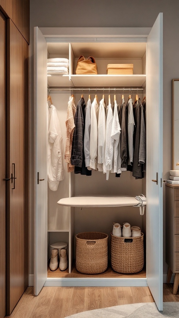 A well-organized IKEA closet featuring a fold-down ironing board, hanging clothes, and storage baskets.