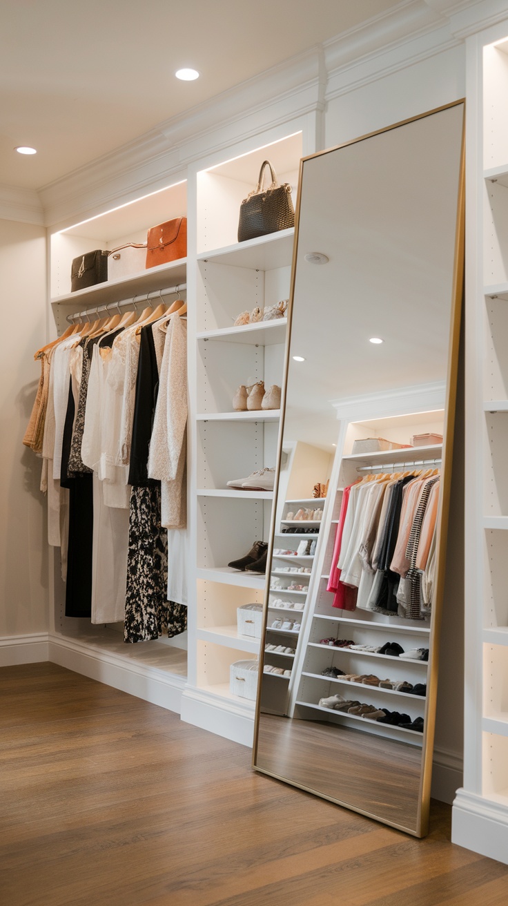 A stylish walk-in closet featuring a full-length mirror, organized shelves with clothing and shoes, and warm wooden flooring.