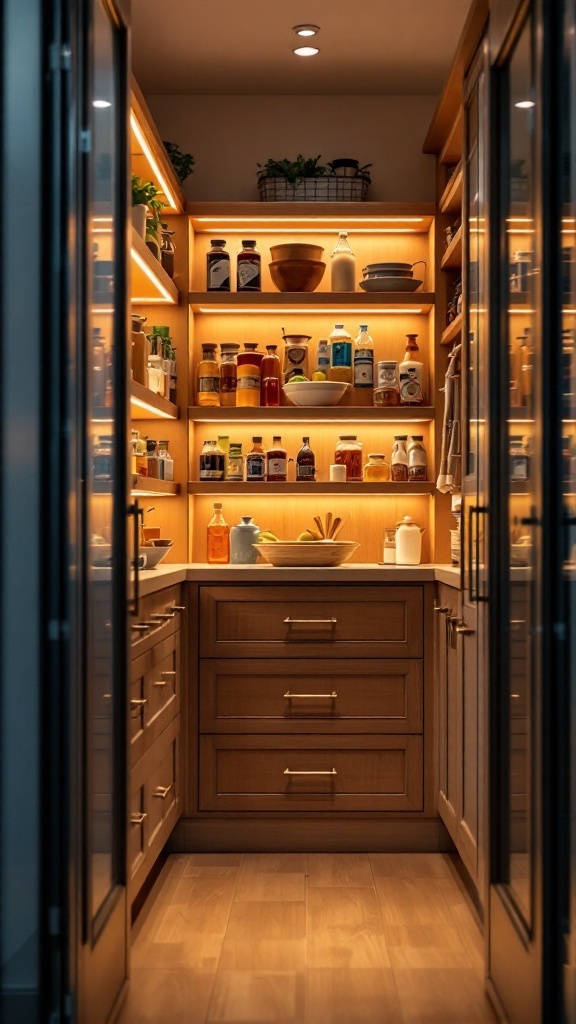 A well-lit walk-in pantry with wooden shelves and organized items