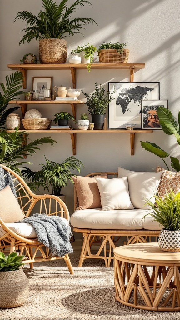 A cozy, natural-inspired living space featuring rattan furniture, plants, and decorative items on shelves.