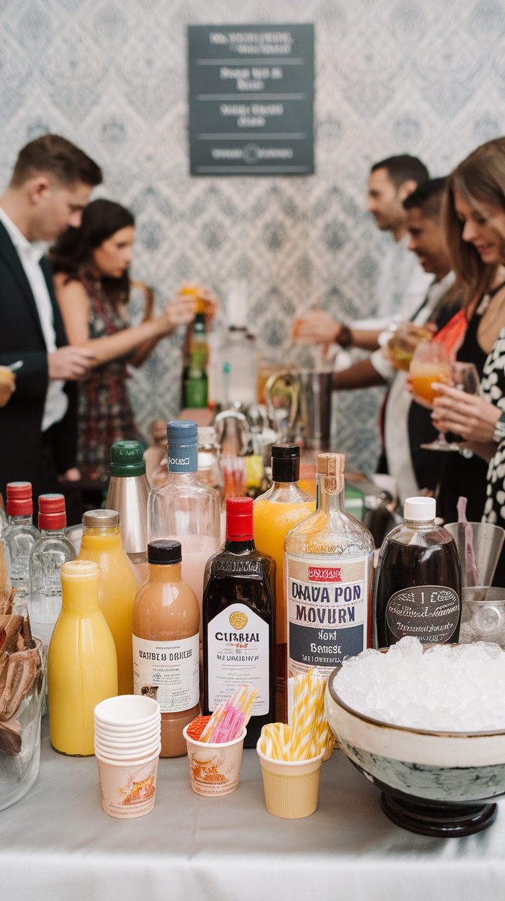 A lively cocktail making station with various bottles, mixers, and guests interacting.