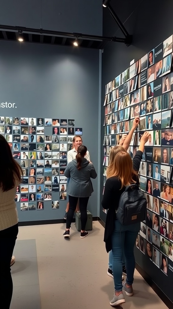 Guests interacting with a photo wall filled with various images