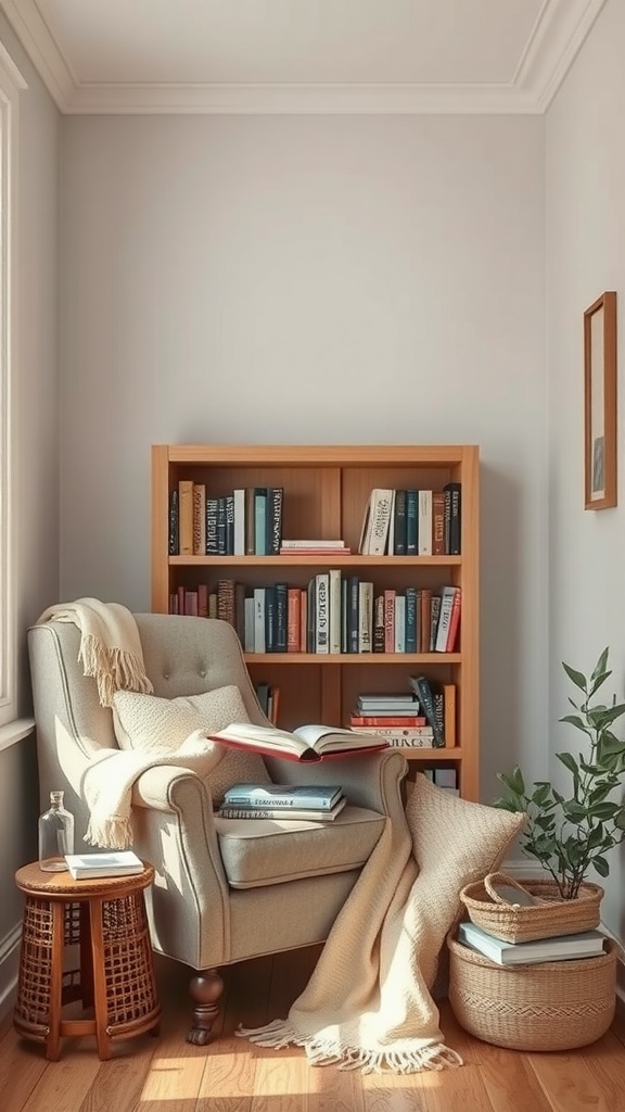 A cozy reading nook featuring a comfortable chair, a small wooden table, a bookshelf filled with books, a throw blanket, and a plant.