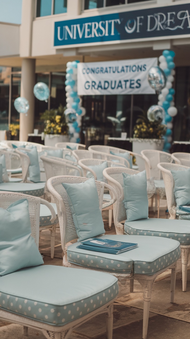 Graduation party seating area with white chairs and blue cushions