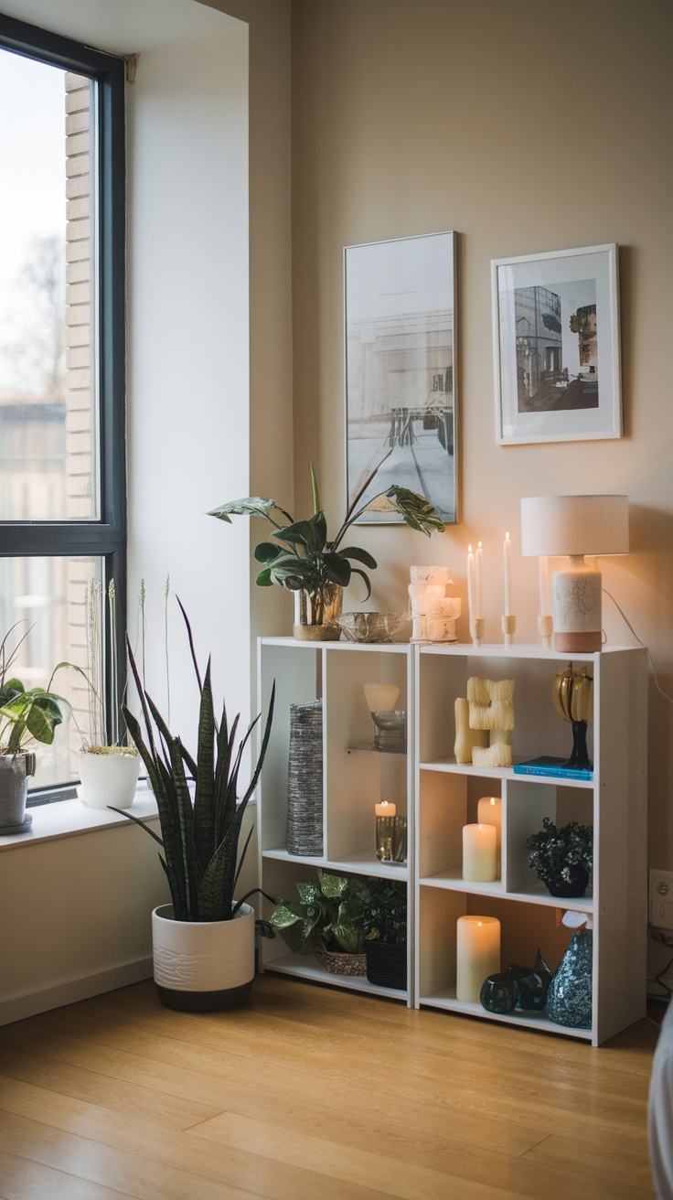 A stylish IVAR shelving unit filled with plants, candles, and decorative items, positioned near a large window.