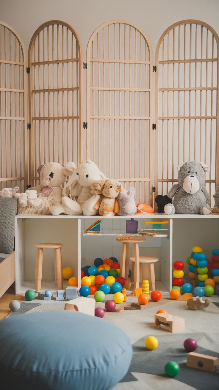 A cozy playroom with an IKEA IVAR room divider, colorful toys, and plush animals.