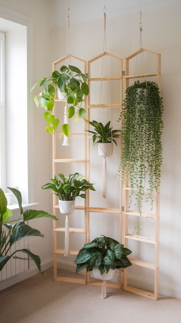 IVAR room divider with hanging plants, featuring a variety of greenery in macramé hangers.