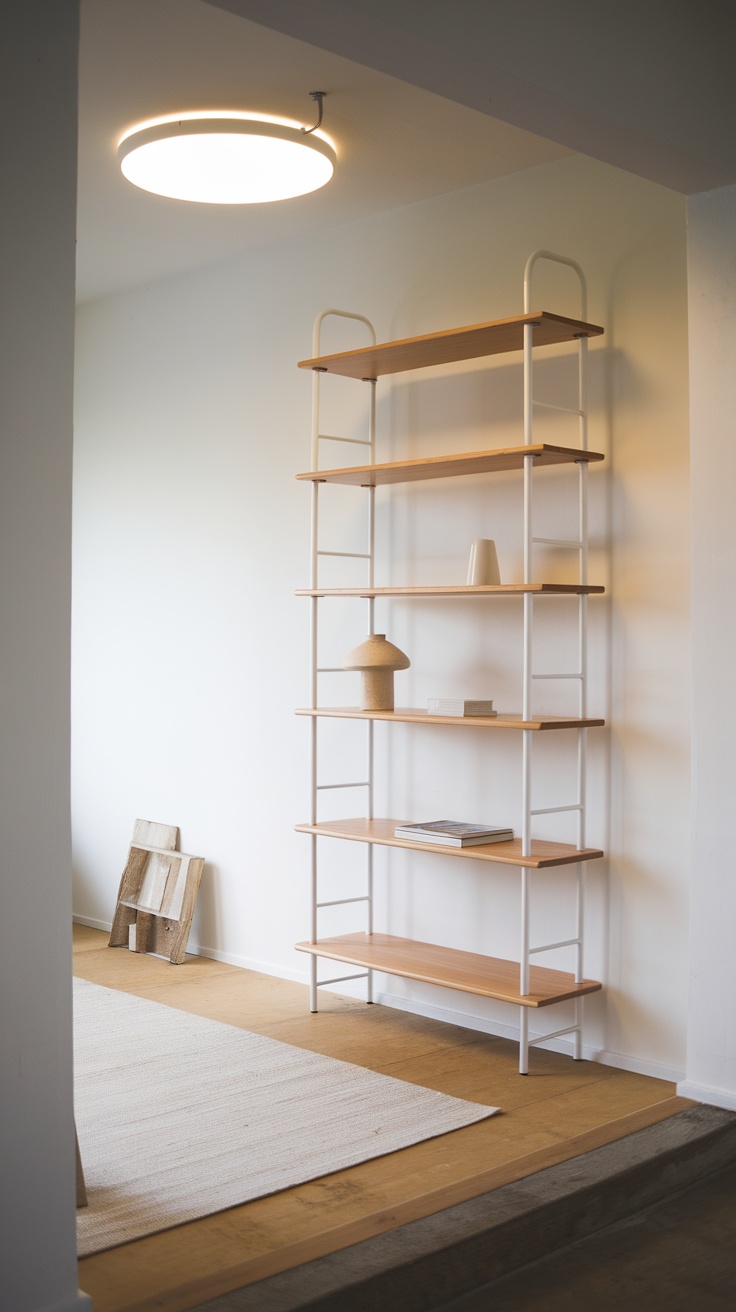 IVAR room divider with wooden shelves in a minimalist setting