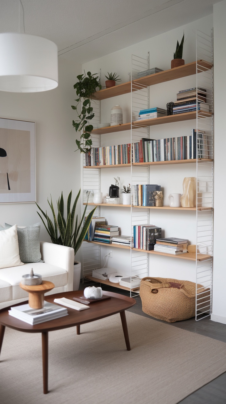 Ivar shelves used as a room divider with books and plants, creating a stylish and functional space.