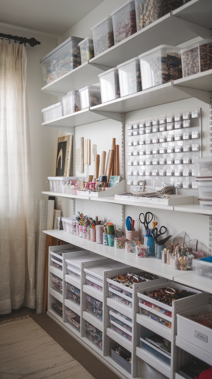 Organized craft room with Ivar shelves filled with supplies and clear containers