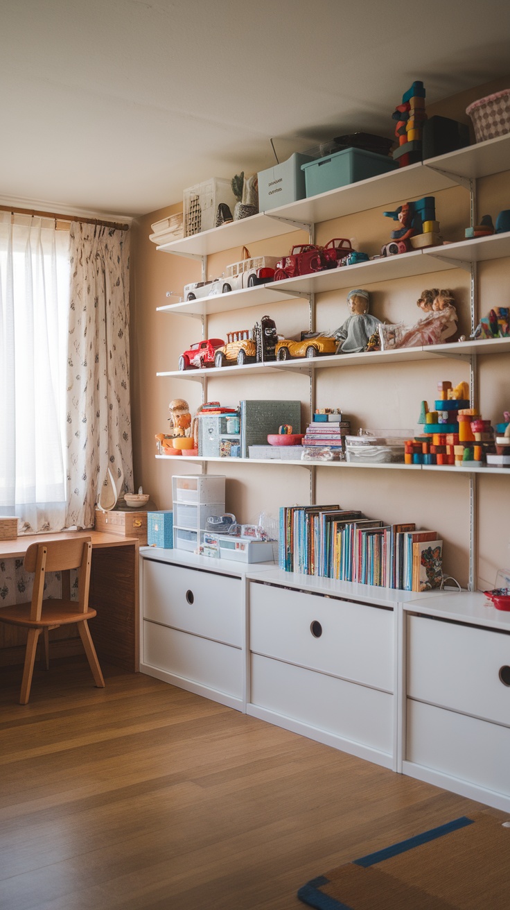 A well-organized playroom featuring Ikea Ivar shelves with toys and books neatly arranged.