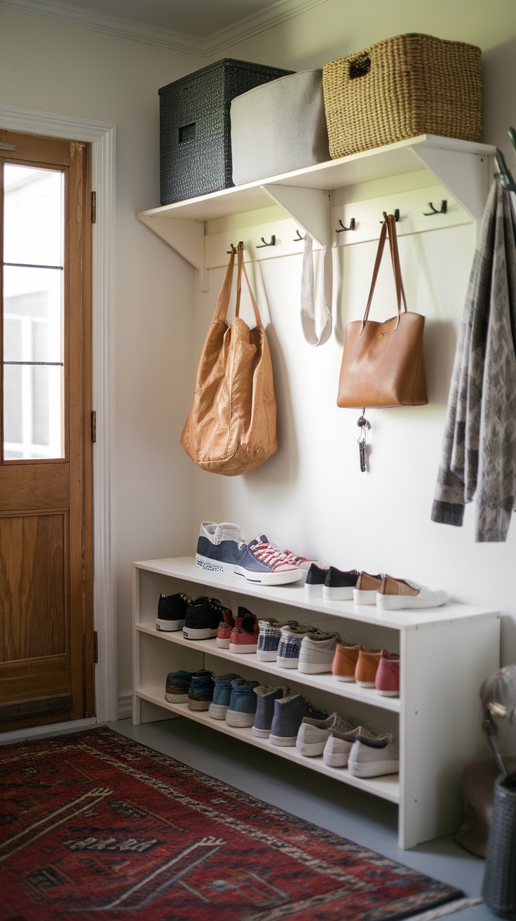 Ivar shelves in a cozy entryway with bags, shoes, and decorative baskets