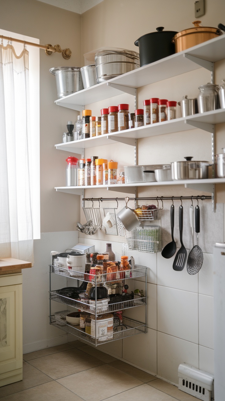 A kitchen with Ivar shelves displaying spices, pots, and hanging utensils, showcasing organized storage solutions.