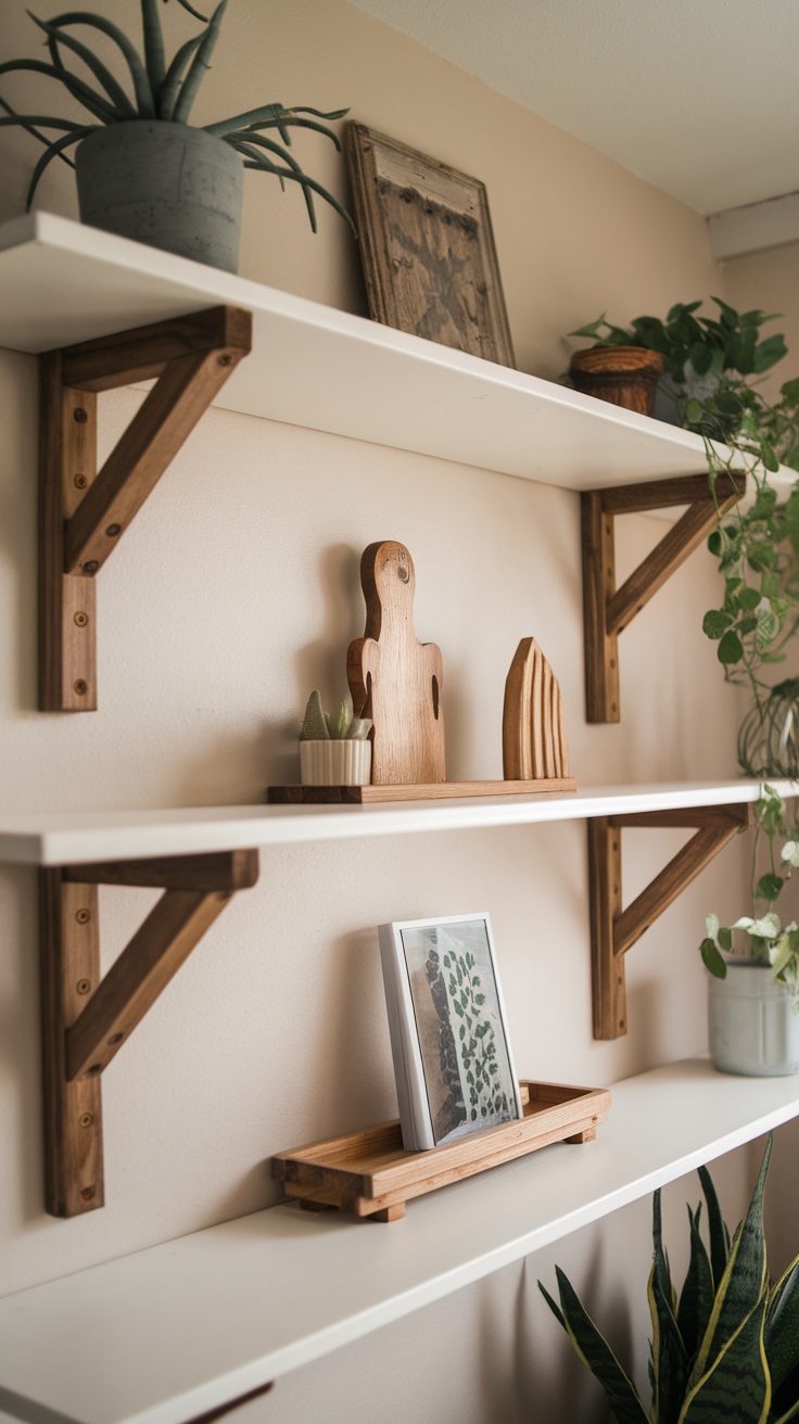 Ikea Ivar shelves with rustic wooden brackets and decor items including a plant and wooden figurines