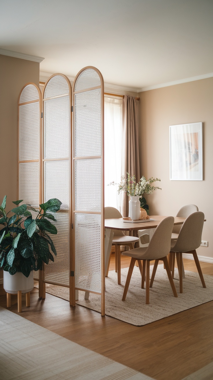 A cozy dining area defined by a light wood IVAR room divider, featuring a table and chairs, with a plant nearby.