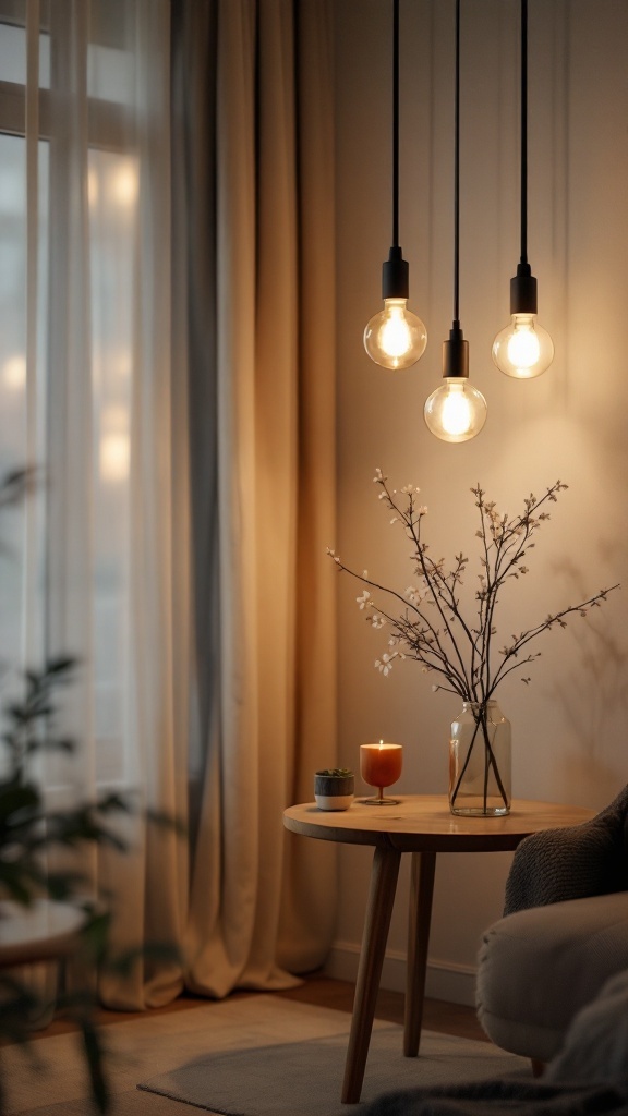 A cozy Japandi-inspired living space with pendant lights, wooden table, and simple decor.