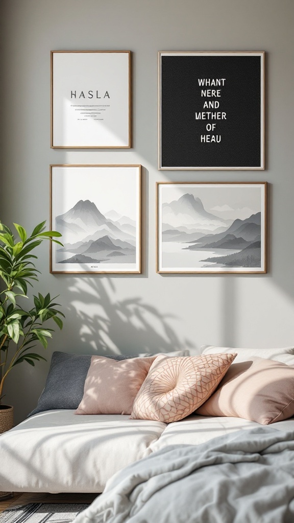 A cozy living room wall featuring Japandi style art framed in IKEA frames. There are framed mountain landscapes and a graphic quote, alongside a comfortable sofa with decorative pillows.